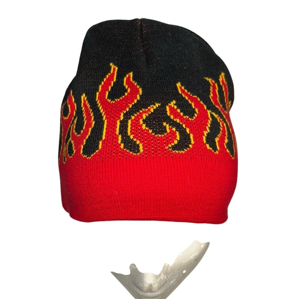 Flame Stocking Hat Black Red Yellow OS Unisex 55% Cotton 45% Acrylic New - Picture 2 of 4